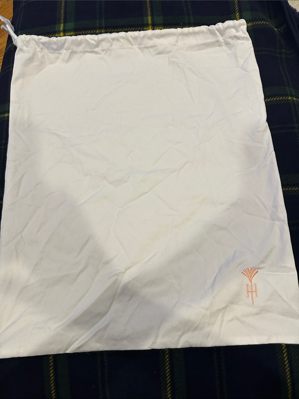 White Drawstring Travel Storage Bag with Subtle Logo 20x17